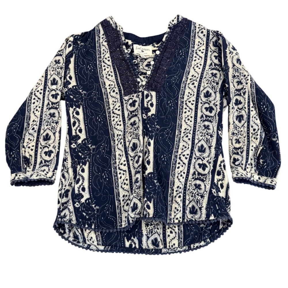Lee Cooper Navy Blue Floral Paisley Lace Trim Boho Blouse Medium